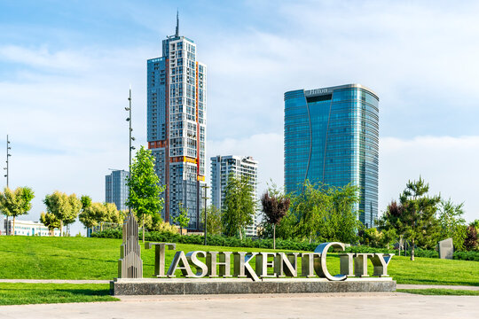 April 2023, Uzbekistan, Tashkent. Central Asia. Tashkent city district, place near building of hotel Hilton. Walking street