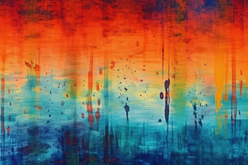 Colorful abstract background. Distressed texture. Wet distorted stained display with rainbow color gradient orange blue glitch defect dust scratches grain noise