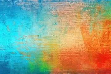 Fototapeta premium Colorful abstract background. Distressed texture. Wet distorted stained display with rainbow color gradient orange blue glitch defect dust scratches grain noise
