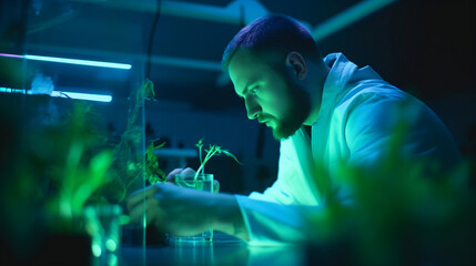 Fototapeta premium Plant Analysis by Scientist. Fictional person created with generative AI.