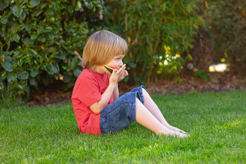 Fototapeta premium child boy eats watermelon sitting on grass in the park