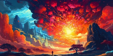 Fototapeta na wymiar burning sunset psychedelic painting