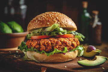 Close-up home made vegan burger on wooden table. Generative AI.