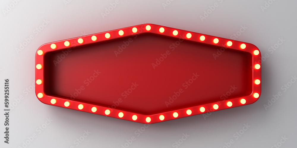 Poster red retro billboard lightbox or blank shining signboard with yellow glowing neon light bulbs isolate