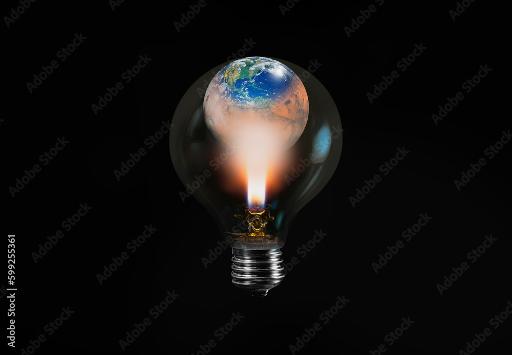 Aufkleber Burning candle in the light bulb with bulb isolated on black background - Light bulb with world inside and Mars 