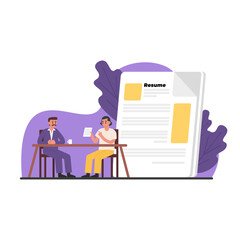 Young worker sitting in office in front of human resource employee, holding resume and talking