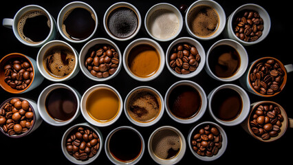 Obraz na płótnie Canvas Coffee cups and coffee beans on the table. Top view, flatlay. Background, banner. Ai Generative image