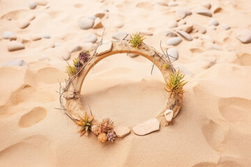 Fototapeta na wymiar Summer composition. Nature display. Desert scene. Uneven stone frame arrangement on beige beach sand texture free space decorative background