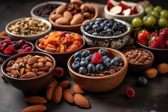 Selection of healthy food. Superfoods, various fruits and assorted berries, nuts and seeds, generative AI