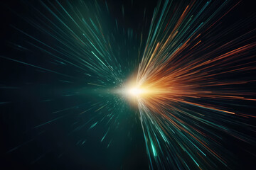 Fototapeta premium Light flare motion. Defocused glow. Old film overlay. Blur blue green orange color rays texture on dark black abstract free space background