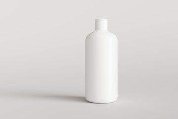 White plastic shampoo bottle on gray background front view 3D render mockup