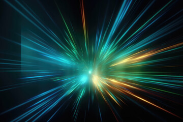 Light flare motion. Defocused glow. Old film overlay. Blur blue green orange color rays texture on dark black abstract free space background