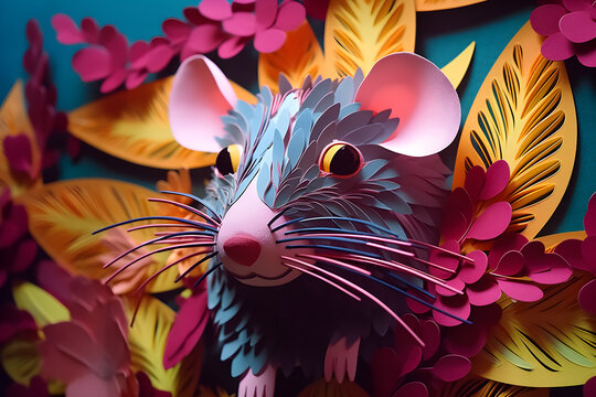 Rat papercraft. Rat in papercut style. Colorful rat