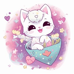 A cute and cuddly white kitten with large round eyes and a smiling expression, sitting inside a heart-shaped basket filled with flowers, surrounded by stars on a white background, Generative AI