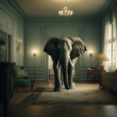 Obraz premium AI generated, an Elephant in the room. An elephant standing in a living room of a house.