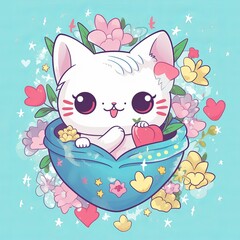 A cute and cuddly white kitten with large round eyes and a smiling expression, sitting inside a heart-shaped basket filled with flowers, surrounded by stars on a blue background, Generative AI