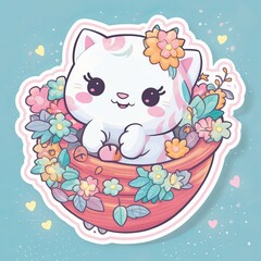 A cute and cuddly white kitten with large round eyes and a smiling expression, sitting inside a heart-shaped basket filled with flowers, surrounded by stars on a blue background, Generative AI