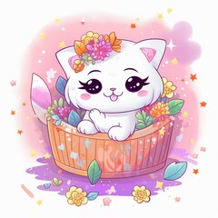 A cute and cuddly white kitten with large round eyes and a smiling expression, sitting inside a heart-shaped basket filled with flowers, surrounded by stars on a white background, Generative AI