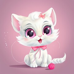 An adorable white kitten sticker with big round eyes, wearing a tiny pink bow, holding a fish in its mouth and looking up at the viewer with an innocent expression, Generative AI