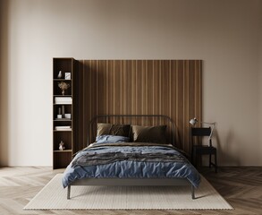 Modern master bedroom interior with metal bed, wooden slats panel on the wall, wooden parquet, braided carpet. Open shelf with decor and books near the bed. Chair bedside table, bedside light. 3d 