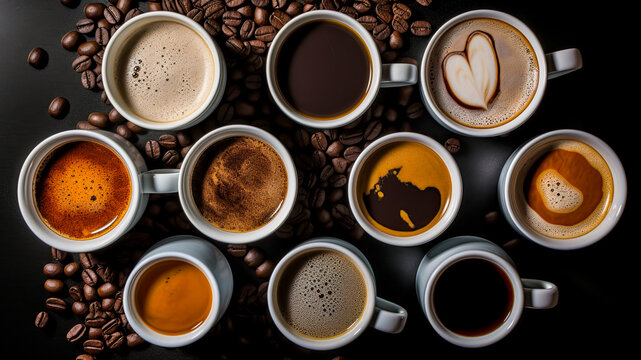 Coffee cups and coffee beans on the table. Top view, flatlay. Background, banner. Ai Generative image