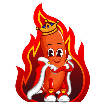 vector mascot character illustration of a sausage becomes king with a crown and royal robes in front of a burning fire