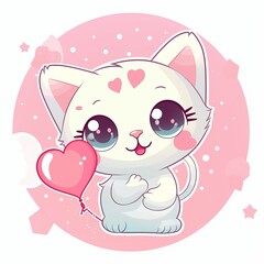cute cat sticker, A cute white kitten with big round eyes, rosy cheeks, and a smiling expression, holding a pink heart balloon with its paw, against a light white background, Generative AI
