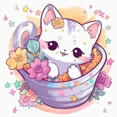 cute cat sticker, A cute sticker of a tiny white kitten, sitting inside a teacup, with a few cherry blossoms around it, looking up with curious eyes, Generative AI