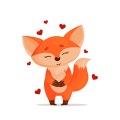 cute fox feeling love with close eyes and hearts around. Drawn in cartoon style. Vector illustration for designs, prints and patterns. Isolated on white background