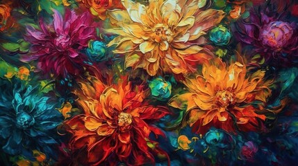 Generative AI, Oil painting of spring flowers on canvas. Beautiful abstract colorful flowers. Macro impasto painting