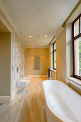 
luxury interior design, marble bath, toilet and large windows
