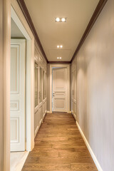 luxury corridor interior design with white walls, white wooden doors, parquet floor