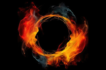 Obraz na płótnie Canvas Color smoke circle. Ink water swirl. Fire flame vortex. Orange red yellow fume in round burning tunnel on dark black abstract background