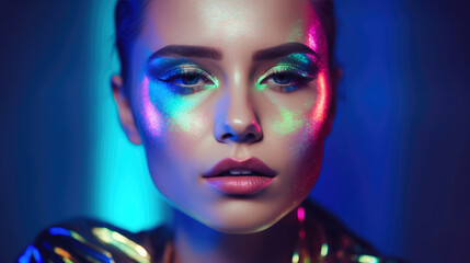 Fototapeta na wymiar Woman model in colorful bright neon color outfits posing in studio. High fashion photography. Generative AI