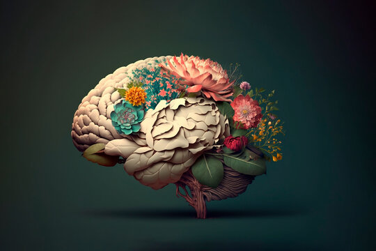 Human brain tree with flowers, self care and mental health concept, positive thinking, creative mind