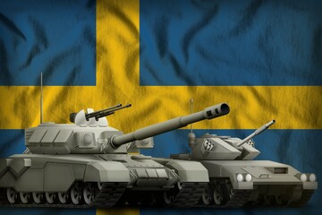 Sweden tank forces concept on the national flag background. 3d Illustration