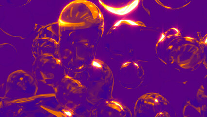 golden transparent fluid spheres floating on purple bg - abstract 3D rendering