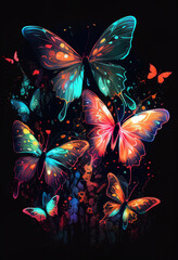 Several neon colotfull butterflies in a watercolor style, on a dark background. AI Generated