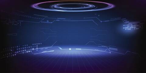 Vector illustrations of futuristic stage platform with digital element around for advertising and game artworks.Digital communication innovation and technology concept.