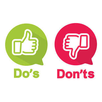 Do and Don't icons. Check mark and cross. Like and dislike symbols.