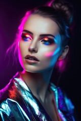 Woman model in colorful bright neon color outfits posing in studio. High fashion photography. Generative AI