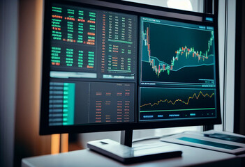 Trading with a computers with a graph on the screen, the stock market and cryptocurrency. AI Generated