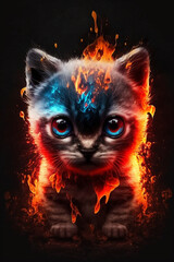 kitten in fire. Created with AI technology