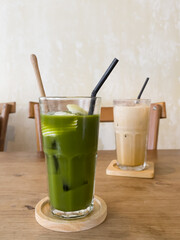 Green tea with coconut juice in coffee shop cafe