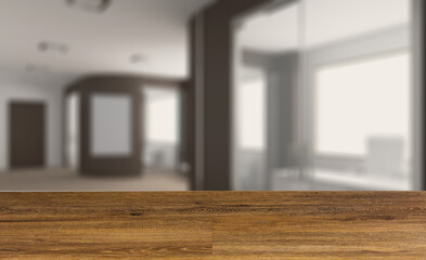 Modern office Cabinet.  3D rendering.   Meeting room. Mockup.. Background with empty wooden table. Flooring.