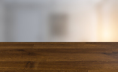 Scandinavian bathroom, classic  vintage interior design. 3D rendering., Background with empty wooden table. Flooring.