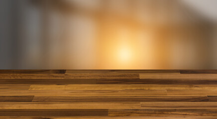 Open space office interior with like conference room. Mockup. 3D rendering. Sunset., Background with empty wooden table. Flooring.