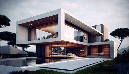 3D Rendering of Modern Villa Contemporary Luxury Living Villa AI Generative