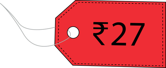 Twenty seven rupees. 27 rupees. Indian rupees. Label price tag design. Sale tag. Label tag vector.