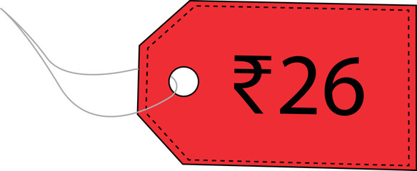 Twenty six rupees. 26 rupees. Indian rupees. Label price tag design. Sale tag. Label tag vector.